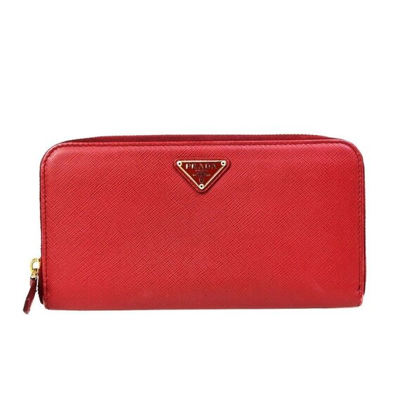 PRADA Logo Zipper Around Long Wallet Saffiano Leather Red GHW Italy